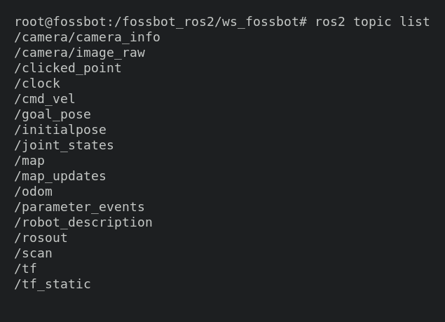 Output of ros2 topic list showing the simulator topics
