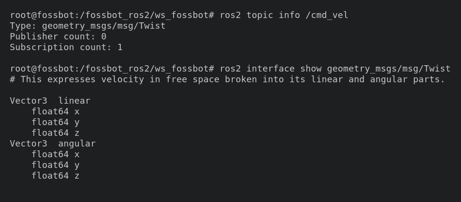 Terminal output of ros2 topic info /cmd_vel and ros2 interface show geometry_msgs/msg/Twist
