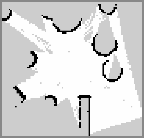 The saved .pgm map showing free space in white, obstacles in black and unknown space in grey