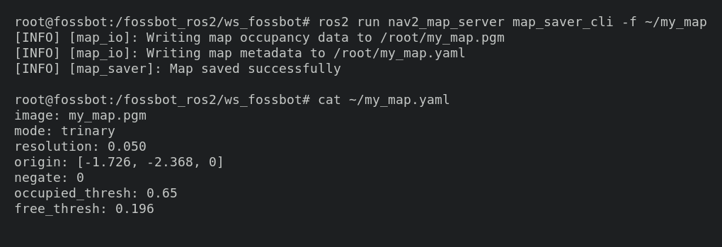 Terminal output of map_saver_cli and the contents of my_map.yaml
